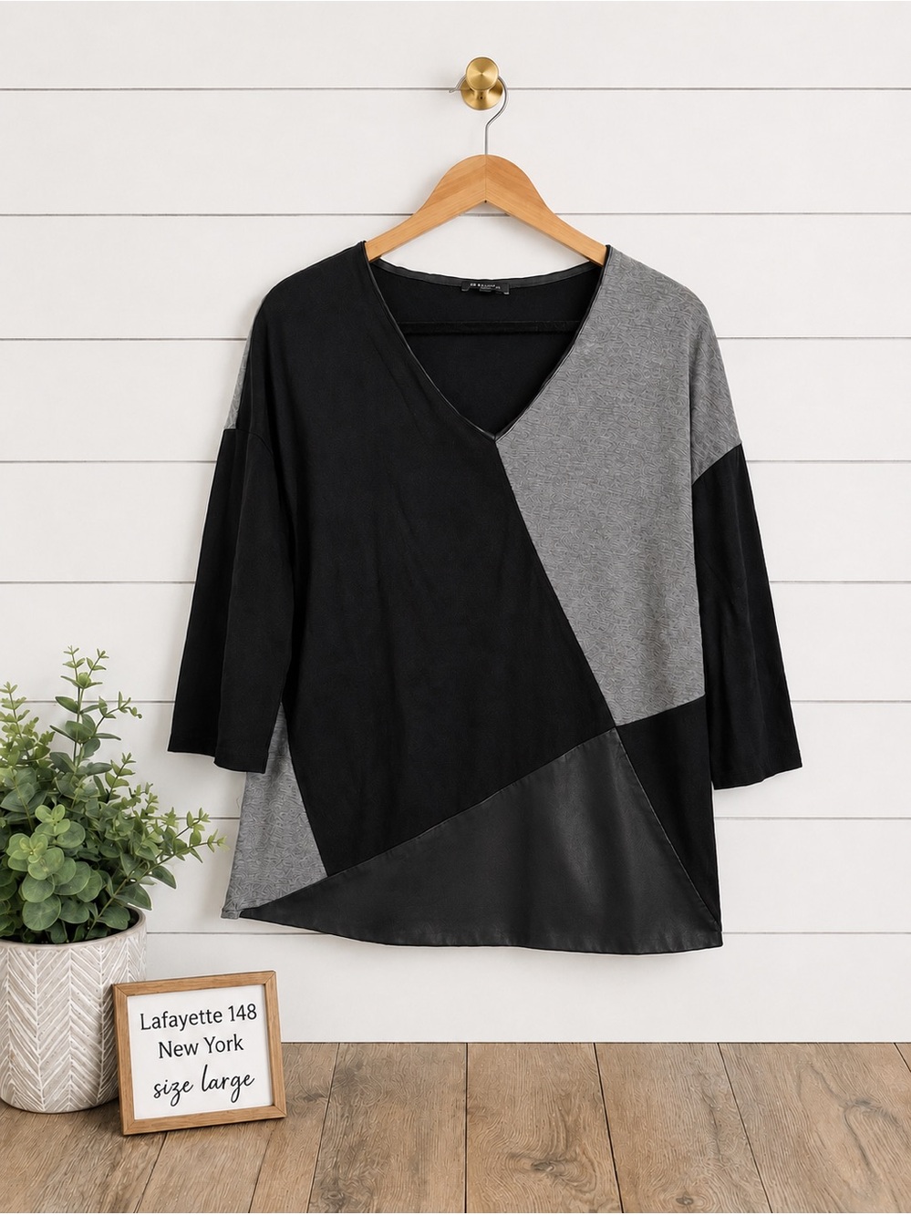 🖤 Lafayette 148 New York Mixed Media Leather Trim Top | Size Large | Designer